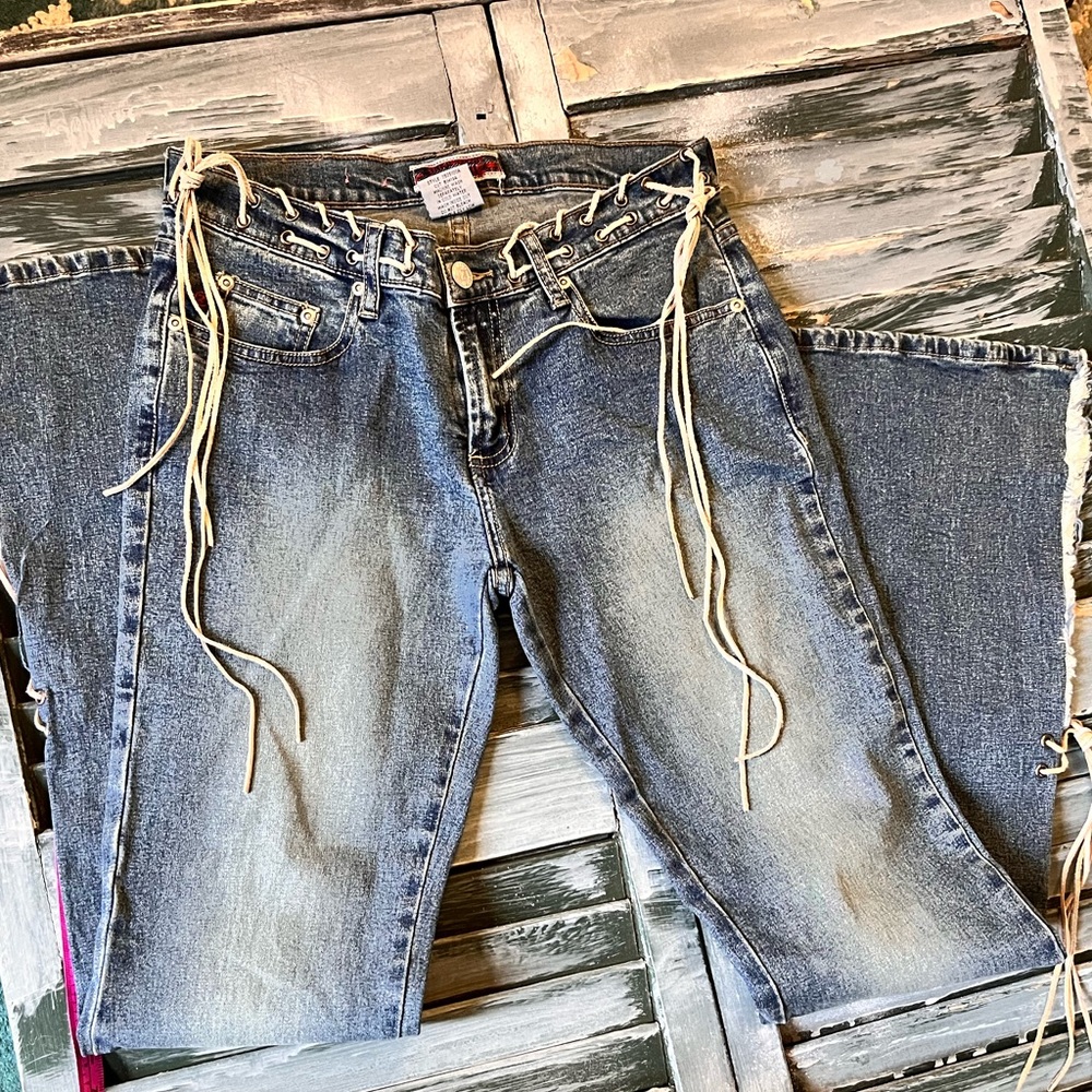 Z Cavaricci Flared Suede Lace-Up Denim Bell Bottoms Jeans Size 5